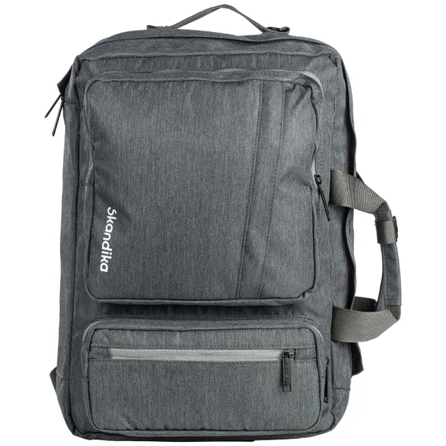 Grauer Rucksack mit mehreren Taschen und Reißverschlüssen, Tragegriff und verstellbaren Schulterriemen.