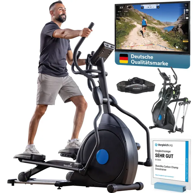 Mann benutzt einen Crosstrainer. Neben ihm ein Bildschirm mit Laufstrecke und Auswertung. Weitere Crosstrainer und Auszeichnungen im Bild.