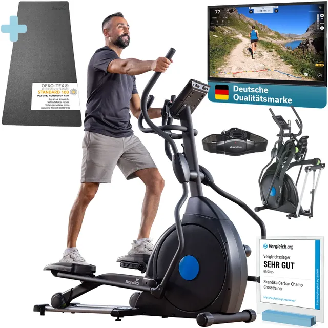 Mann benutzt einen Crosstrainer, während ein Bildschirm mit einer Laufstrecke angezeigt wird. Zubehör und Auszeichnungen sind sichtbar.