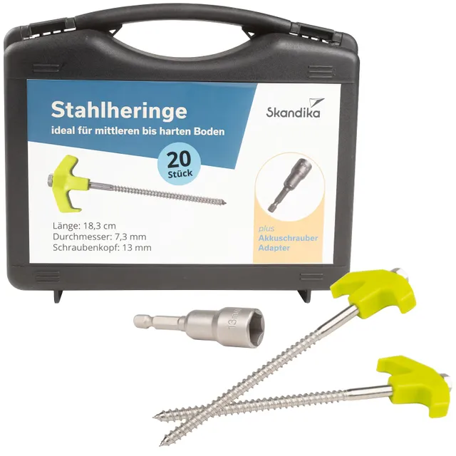 Schwarze Aufbewahrungsbox mit grünem Griff und Inhalt: 20 Stahlheringe mit Schraubenkopf, Adapter für Akkuschrauber.