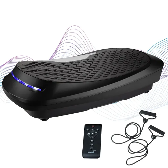 Vibrationsplatte in Schwarz mit rutschfester Oberfläche, dazu eine Fernbedienung und zwei Widerstandsbänder.