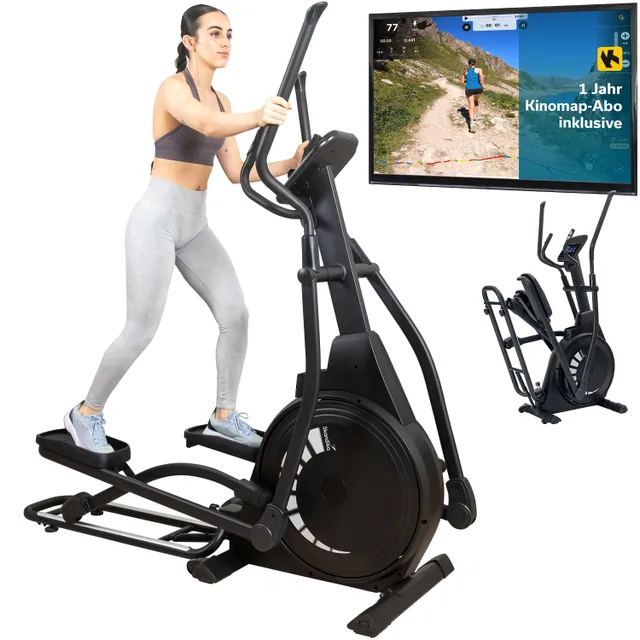 Ein Trainingsgerät (Ellipsentrainer) mit einer Person in sportlicher Kleidung, die darauf steht. Im Hintergrund ein Bildschirm mit einer Laufstrecke und einem Angebot.