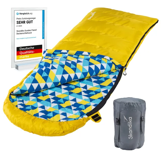 Gelber Schlafsack mit geometrischem Innenmuster in Blau und Gelb, daneben ein grauer Aufbewahrungssack und ein Bewertungsschild.