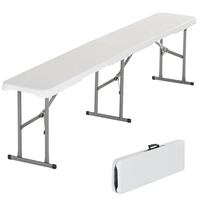 Weißer Klapptisch mit klappbaren Metallbeinen, daneben eine zusammengeklappte Version des Tisches.