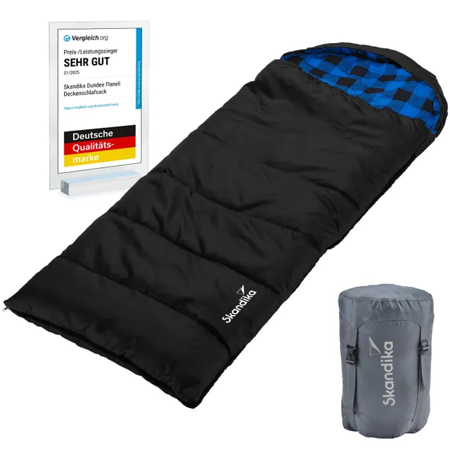 Schlafsack in Schwarz mit blauem Innenfutter, daneben ein grauer Packsack und eine Auszeichnung in einem transparenten Ständer.