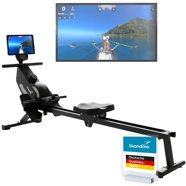 Rudergerät mit digitalem Bildschirm und Halterung für ein Tablet. Darunter ein Qualitätssiegel mit dem Schriftzug "Skandika".