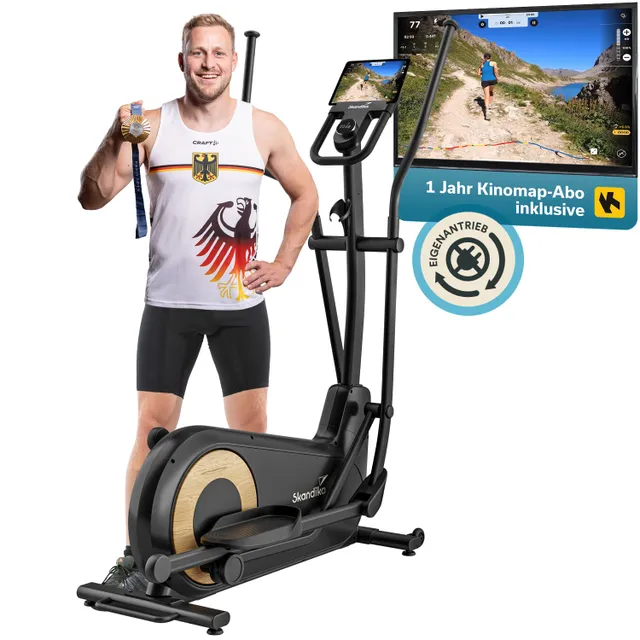 Fitnessgerät mit Holz-Akzenten, daneben eine lächelnde Person in Sportkleidung mit Medaille. Bildschirm zeigt Landschaft.