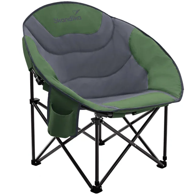 Faltstuhl mit ovaler Sitzfläche in Grau und Grün. Gestell aus schwarzem Metall, seitliche Tasche vorhanden.