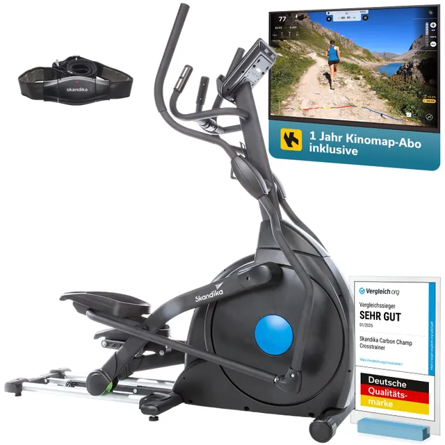 Crosstrainer in Schwarz mit Display, Pulsgurt, einem Jahr Kinomap-Abo und Zertifikat für gute Qualität.