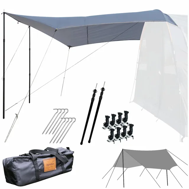Gestell mit grauem Tarp, Abspannseilen, Zeltheringen, zwei Stangen, schwarzen Haltern und einer Tragetasche.