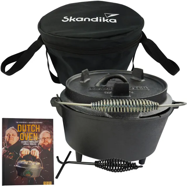 Eisen-Dutch Oven in Schwarz mit Deckel und Griff, kombiniert mit Aufbewahrungstasche und Kochbuch über Dutch Oven-Rezepte.