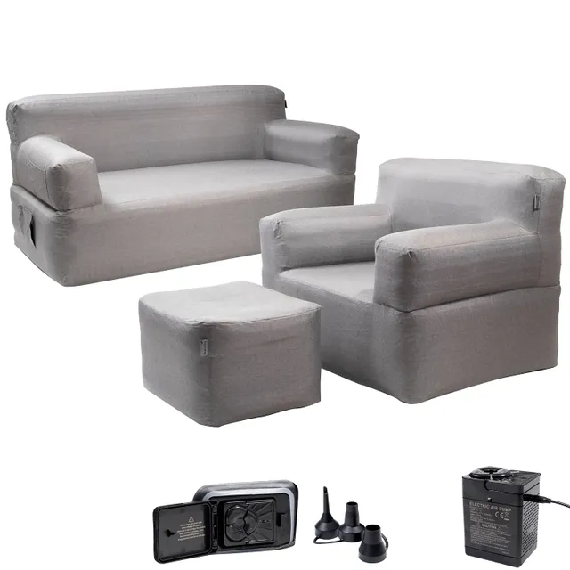 Graues Sofa, Sessel und Hocker aus einem luftgefüllten Material. Darunter eine elektrische Pumpe mit Aufsatz.