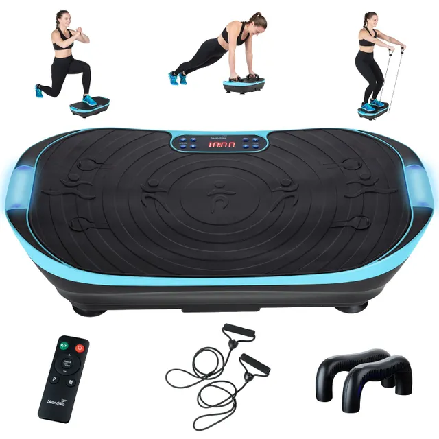 Vibrationsplatte mit digitalem Display, darunter Übungen, Fitnessbänder und Griffe. Fitnessbekleidete Personen in verschiedenen Übungen.