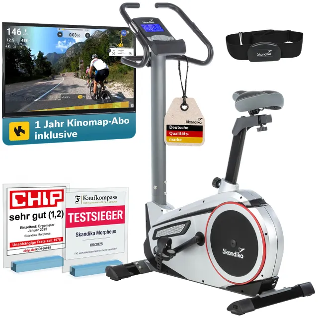 Ergometer mit Bildschirm, Trainingskomfort, Herzfrequenzüberwachung, Auszeichnungssiegel und Zubehör.