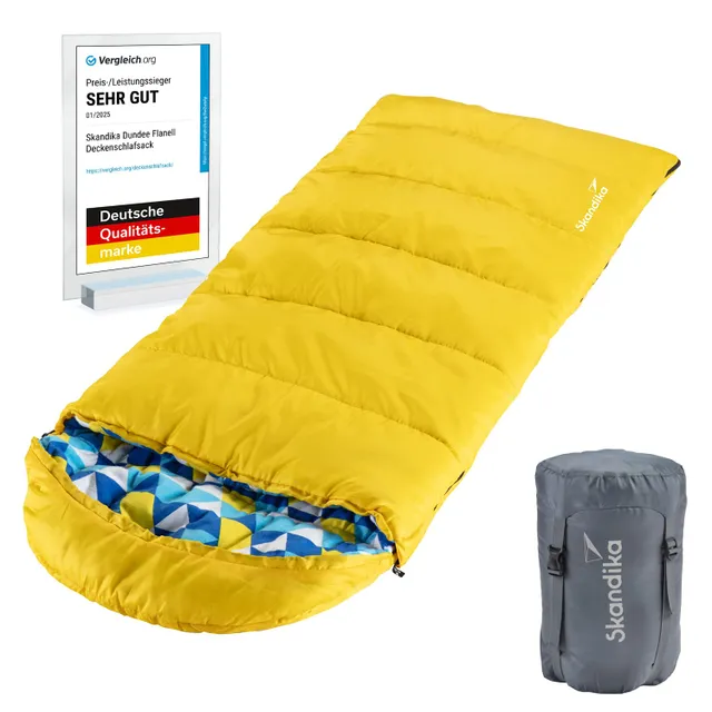 Gelber Schlafsack mit geometrischem Innenfutter, daneben grauer Packsack und Auszeichnung „SEHR GUT“ in einem Rahmen.