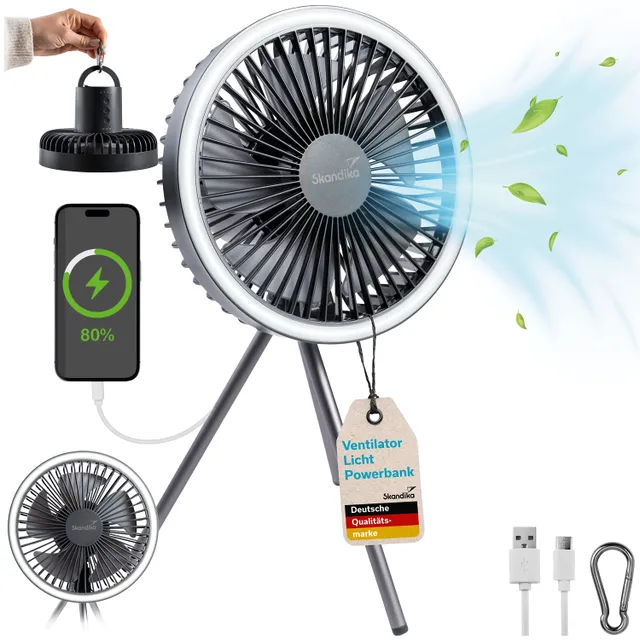 Tragbarer Ventilator mit USB-Anschluss, angezeigt mit Smartphone, Powerbank, Aufhänge-Tag und Kabeln.