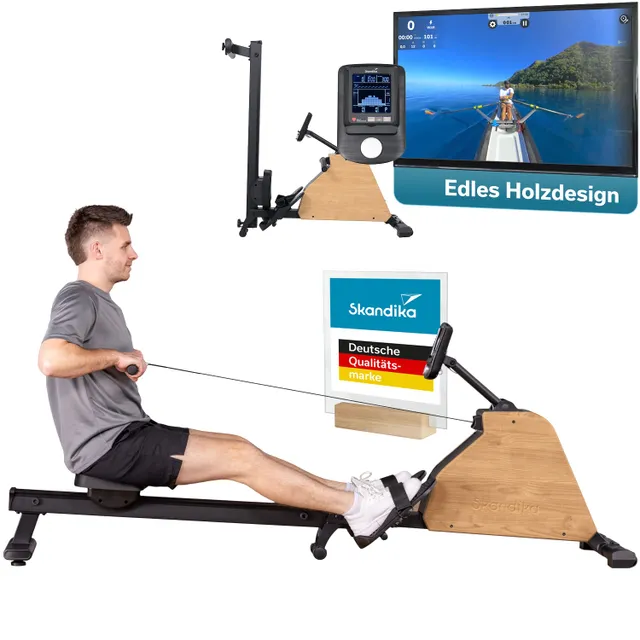 Rudergerät aus Holz und Metall Person rudert Monitor und Werbung im Hintergrund.