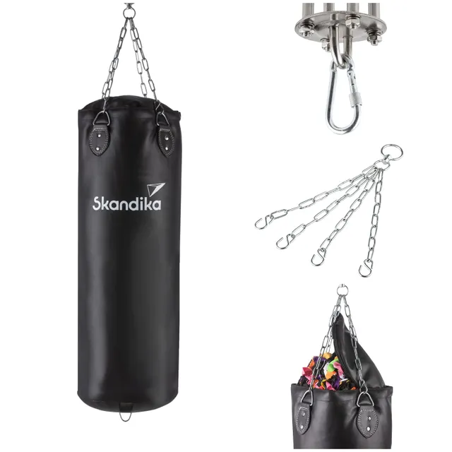 Schwarze Boxsack mit Metallketten zum Aufhängen, mit dem Logo "Skandika", und zusätzliche Teile wie Haken und Kette.