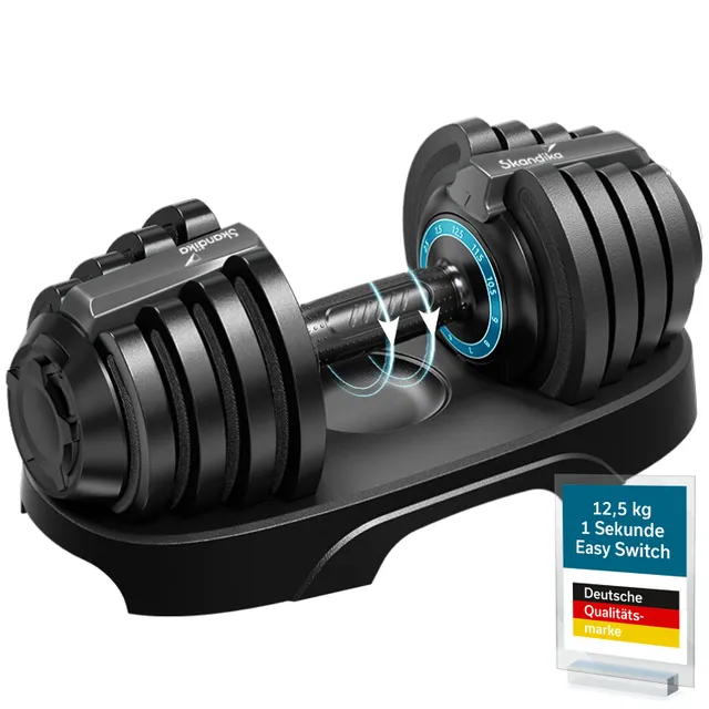 Verstellbare Kurzhantel auf einer Ablage, mit Gewichtsanzeige und Labels für einfache Bedienung und Qualität.