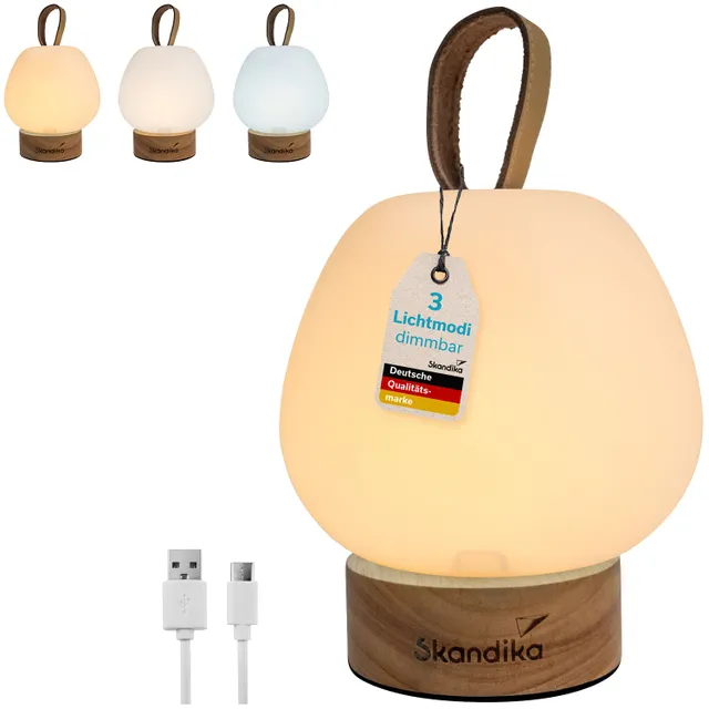 Tischlampe in Form einer gepolsterten Glaskugel mit Holzsockel, im Bild sind drei Lichtmodi und ein USB-Kabel zu sehen.