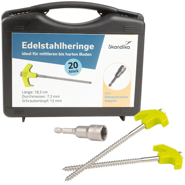 Schwarze Werkzeugbox mit gelben Schrauben und einem Adapter. Enthält 20 Edelstahlheringe für den Boden.