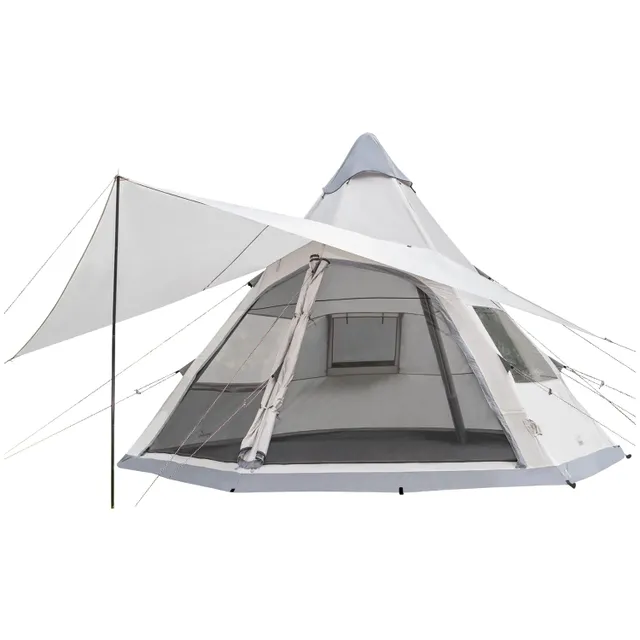 Zelt in Tipi-Form mit grauem Dach und offener Front, angestützt von Stangen, weiße Wände mit Fenstern.