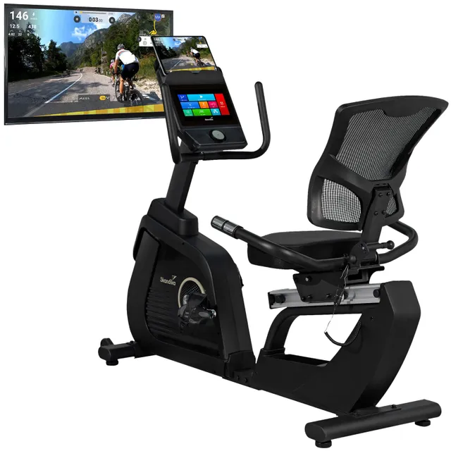 Fahrrad-Ergometer mit verstellbarem Sitz und Bildschirm. Bildschirm zeigt Radfahrstrecke und Fitnessdaten.