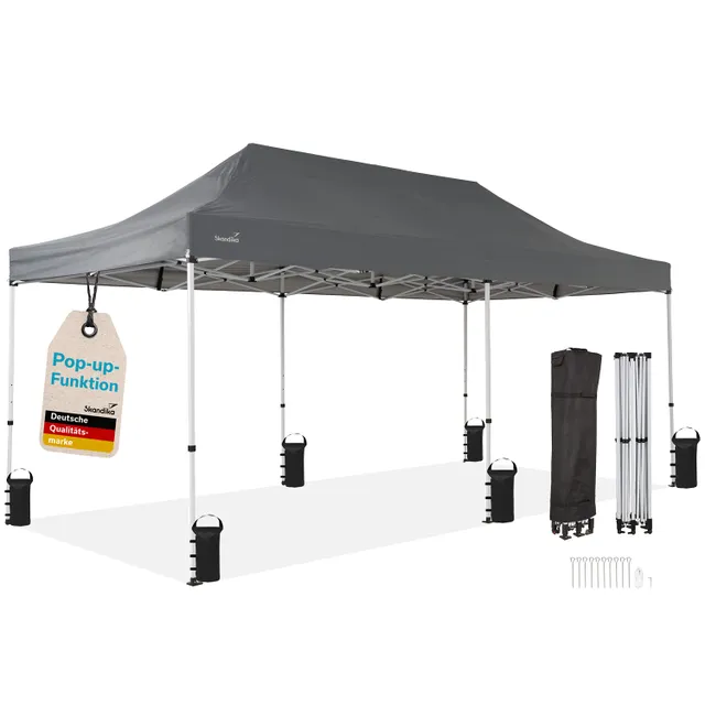 Graues Party-Zelt mit Popup-Funktion, Stützgerüst, Gewichten, Tragetasche und Zubehörteilen wie Heringen.