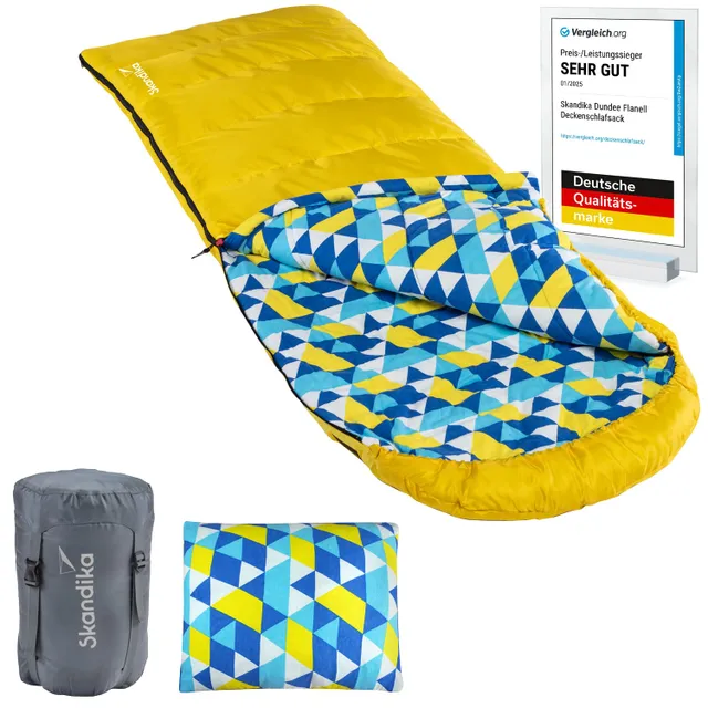 Gelber Schlafsack mit gemusterter Innenfläche, dazu ein grauer Packsack und ein Kissen mit ähnlichem Muster. Zertifikat im Hintergrund.