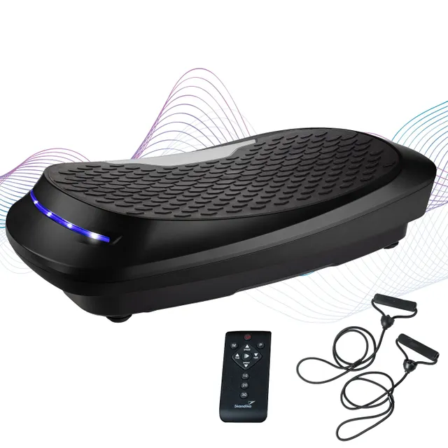 Vibrationsplatte in Schwarz mit rutschfester Oberfläche, blauer LED-Leiste, Fernbedienung und Widerstandsbändern.