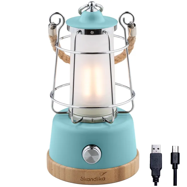 Tischlampe in Mintgrün mit Glaszylinder, Metallkäfig und Holzfuß, daneben ein USB-Kabel.