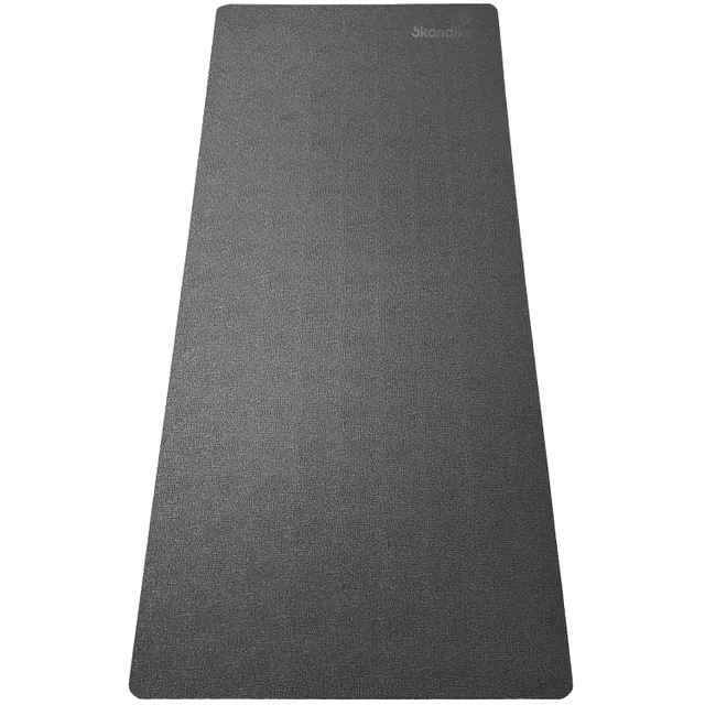 Dunkelgraue Yoga- oder Fitnessmatte mit einer strukturierten Oberfläche und abgerundeten Ecken.