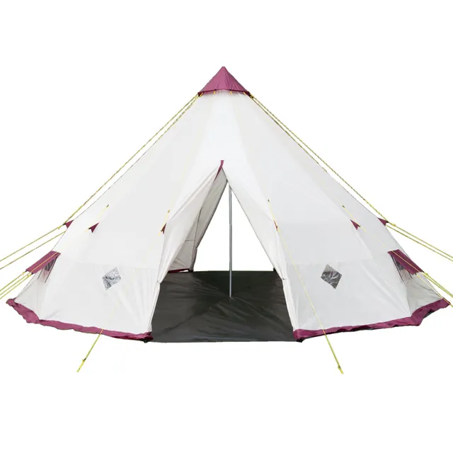 Zelt in Form eines Tipis, weiß mit lila Akzenten und gelben Spannleinen, geöffnet an der Vorderseite.